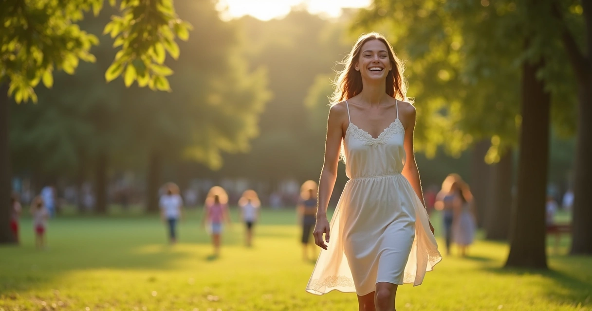 Mulher andando em parque com pernas à mostra, sorrindo confiante 