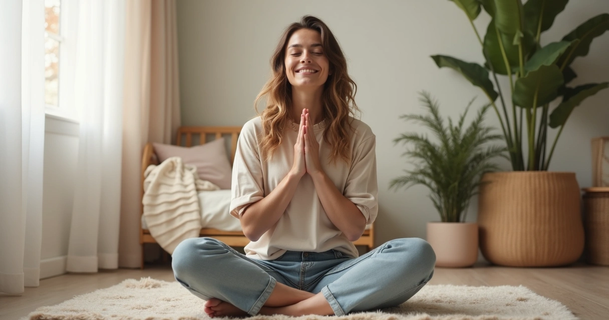 Pessoa abraçando-se ao terminar uma sessão de meditação, sorrindo consigo mesma em um ambiente suave