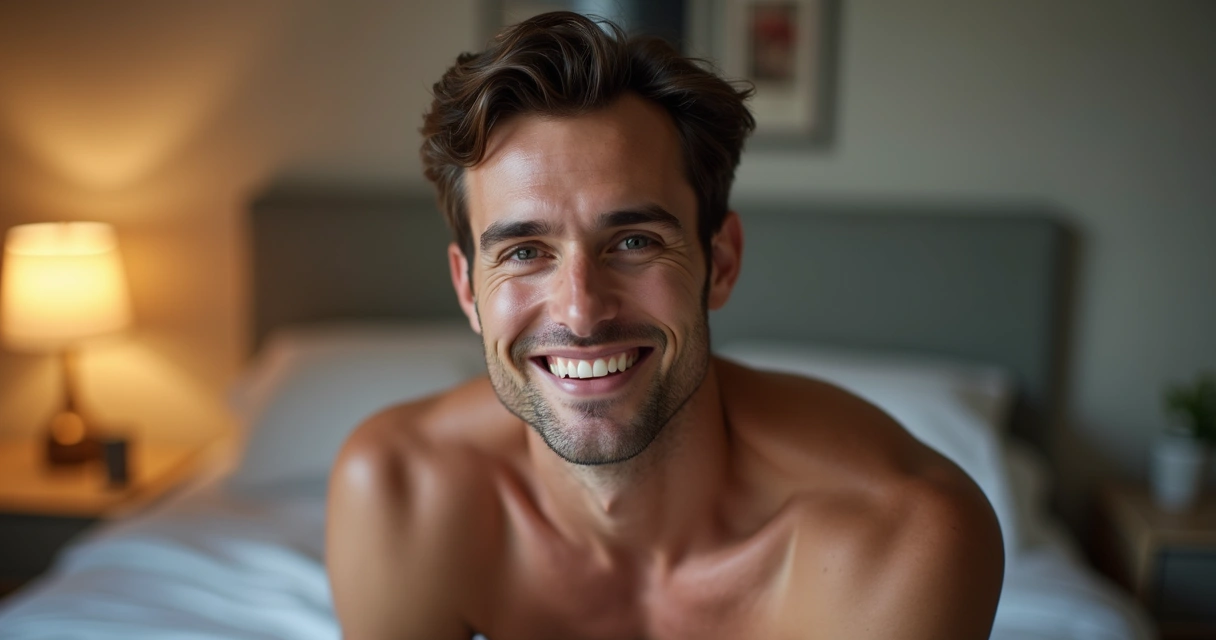 Homem sorrindo, aparência confiante, ambiente íntimo, foco no tronco