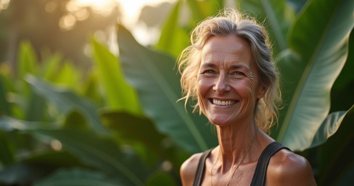 Mulher de meia-idade sorrindo ao ar livre, folhas de árvores tropicais atrás 