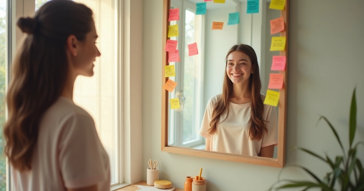 Jovem sorrindo para o espelho vendo post-its de motivação