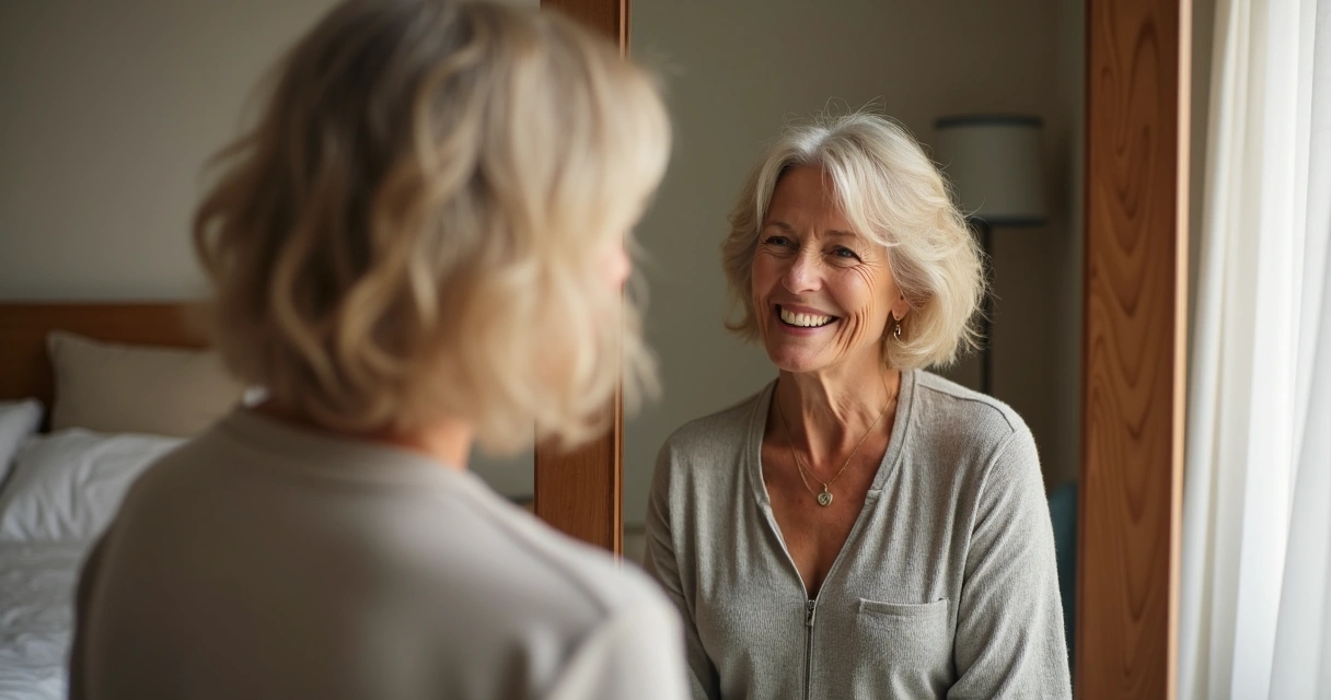 Mulher sorrindo se olhando no espelho após mudanças no estilo de vida
