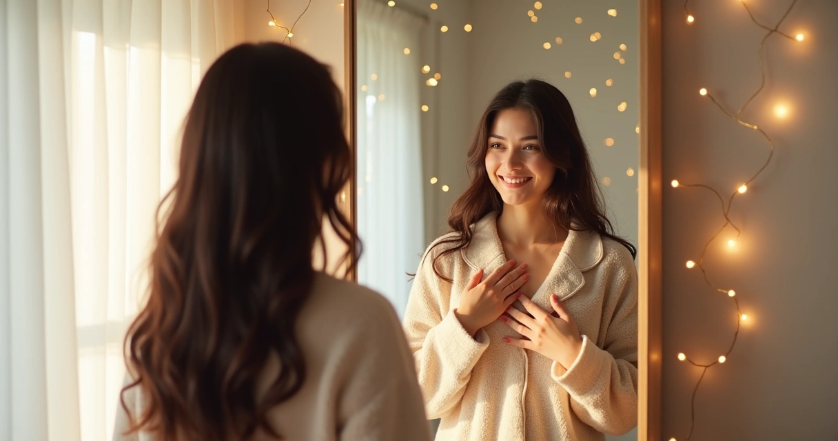 Mulher sorrindo para si mesma no espelho pela manhã