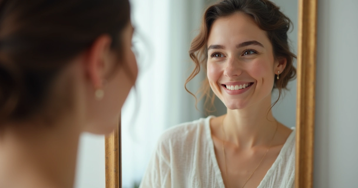 Mulher trans sorrindo para espelho após cirurgia facial 