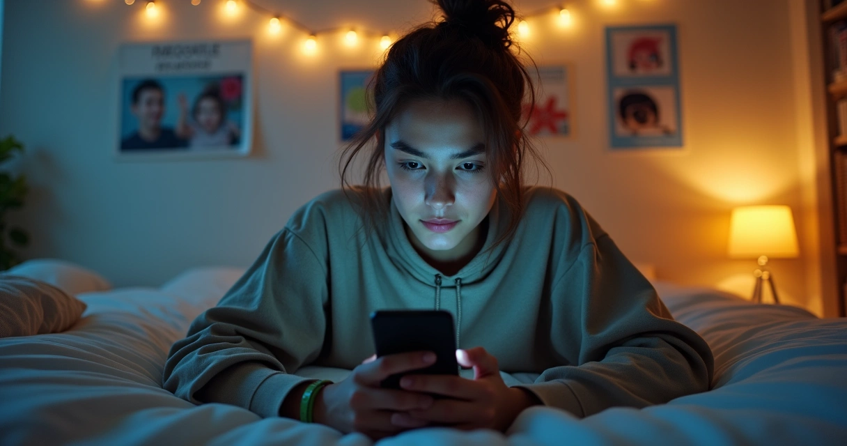 Jovem observando o celular com expressão pensativa, iluminação suave ao redor