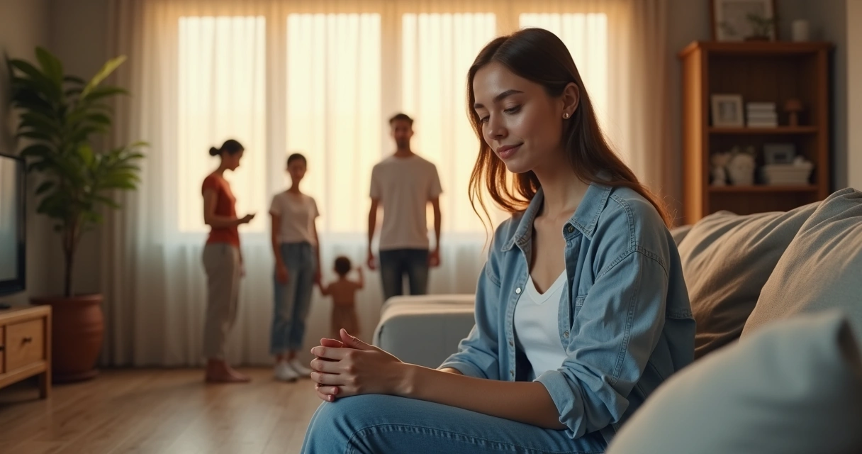 Mulher adulta pensativa cercada por silhuetas de familiares ao fundo 