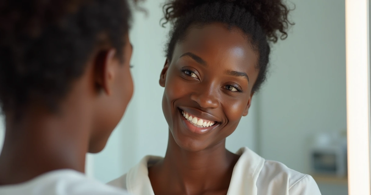 Pessoa negra olhando no espelho, sorrindo, com uma luz suave e ambiente clínico 