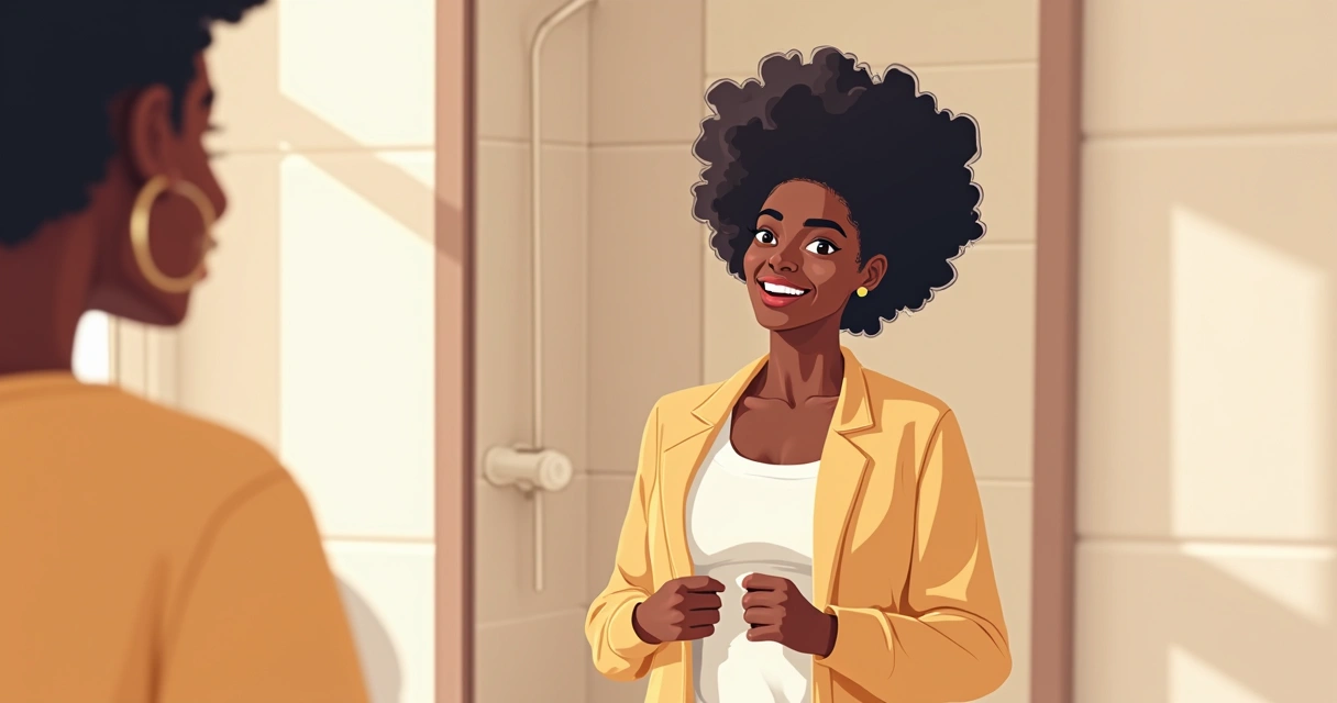 Mulher negra sorrindo se olhando no espelho, sentindo-se confiante com a pele 