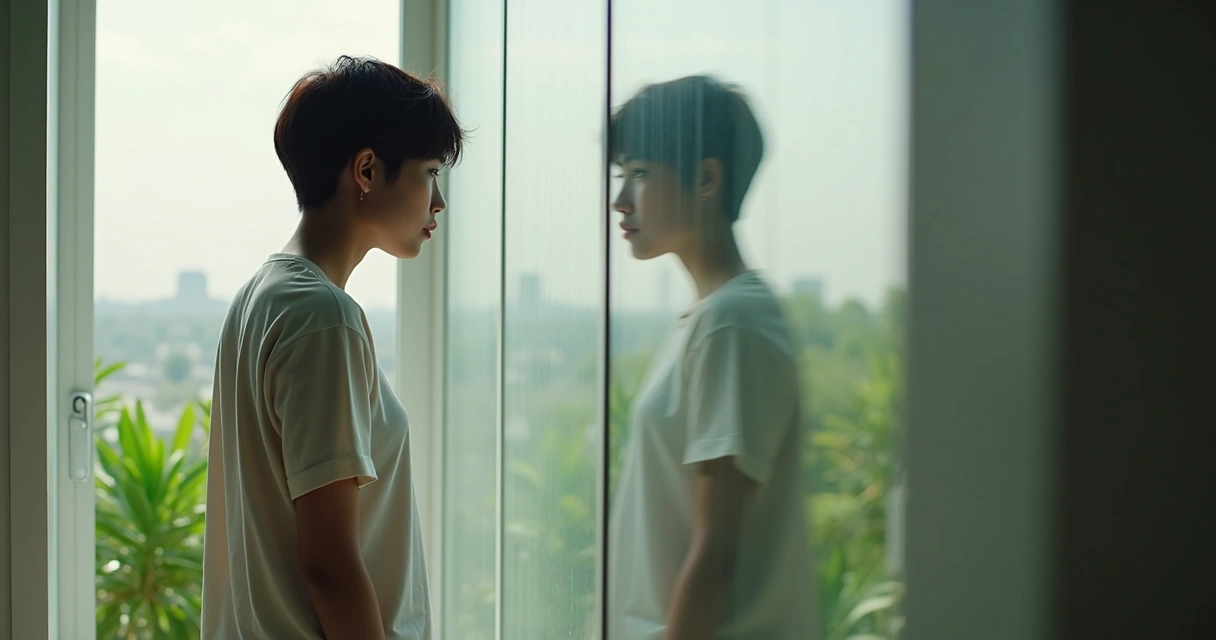 Pessoa olhando seu reflexo em vidro, expressão pensativa e ambiente calmo 