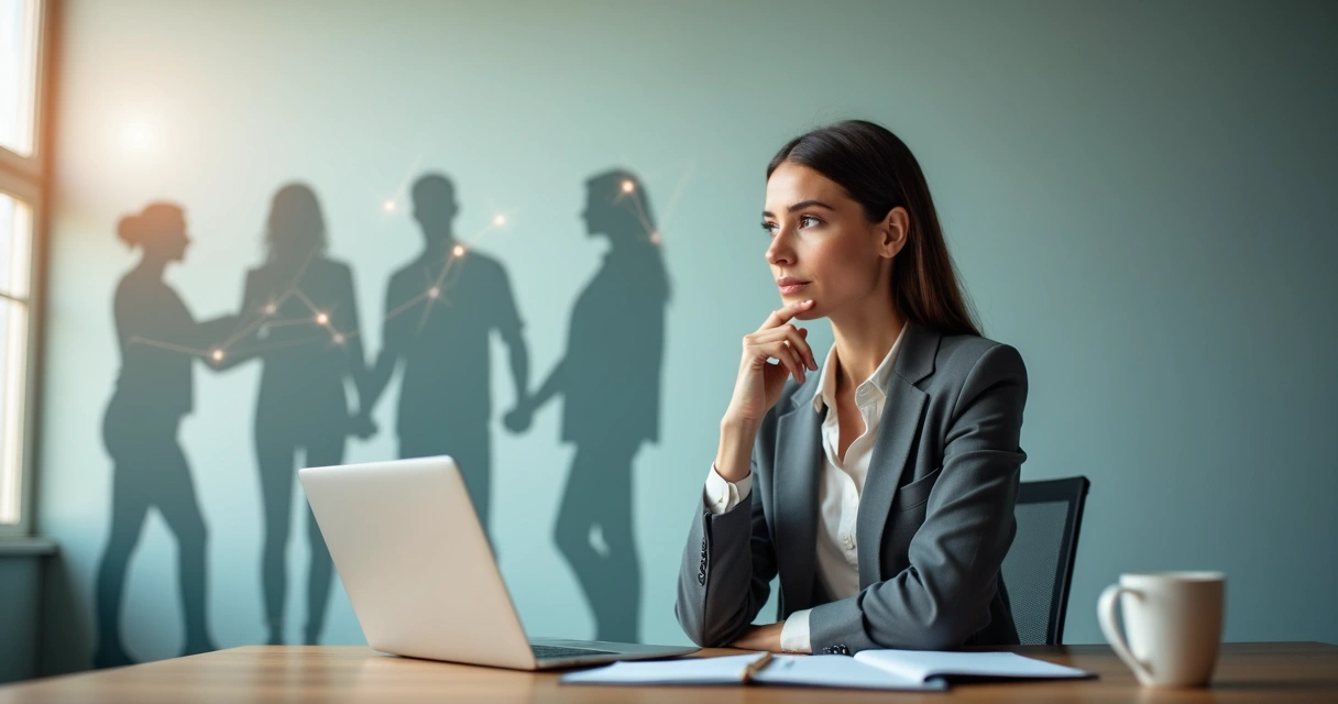 Mujer profesional pensativa con siluetas familiares proyectadas detrás 
