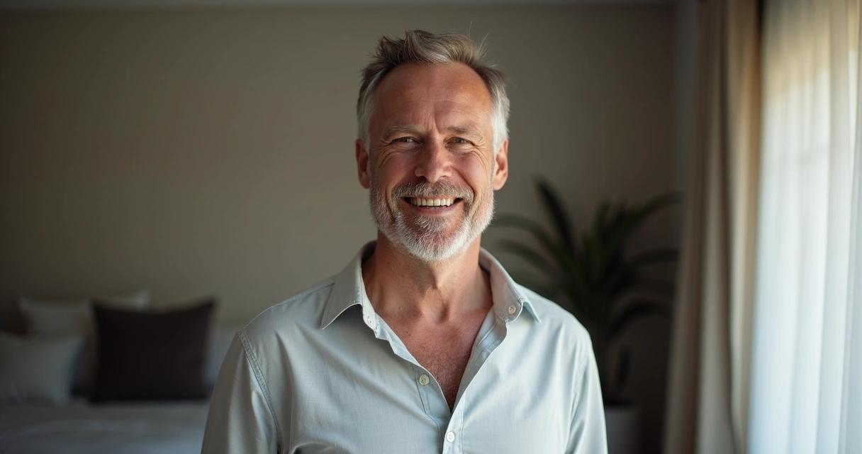 Homem recuperando autoestima após implante de prótese peniana, sorrindo em ambiente discreto
