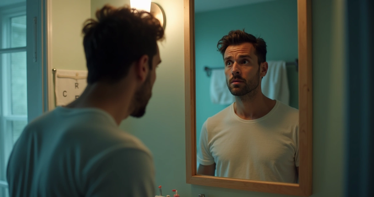 Homem adulto olhando para o espelho com expressão de dúvida e tristeza 