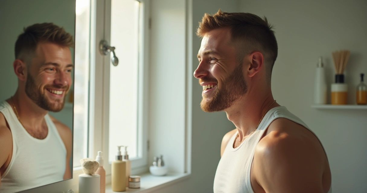 Homem sorrindo diante do espelho com expressão de confiança e bem-estar 