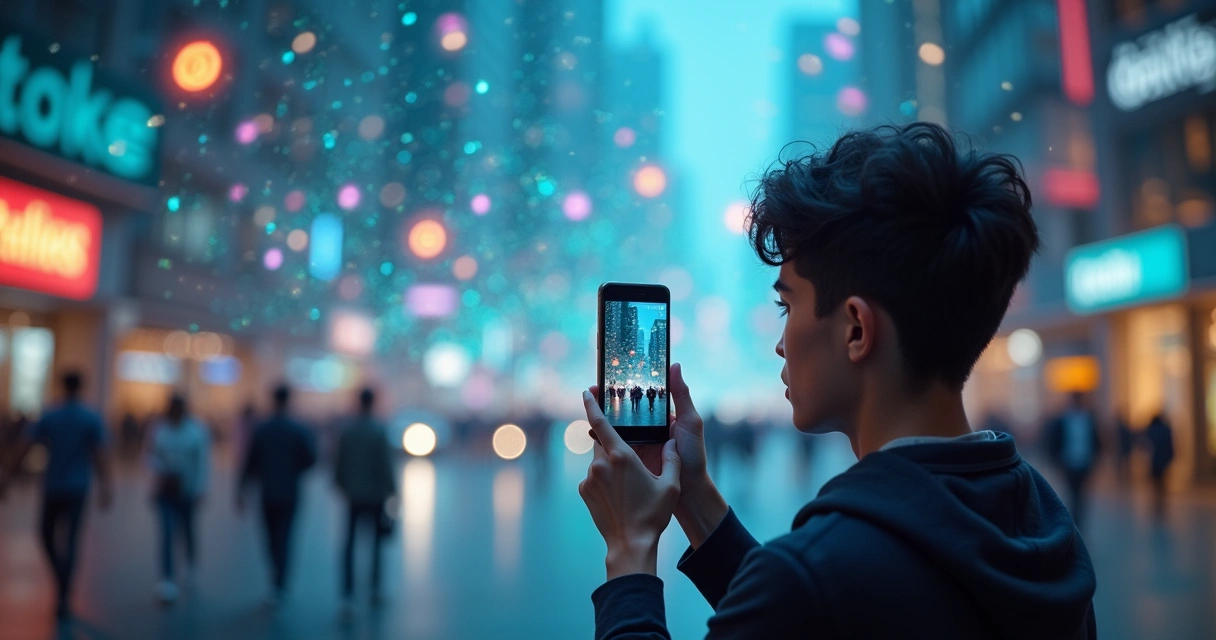 Joven viendo su reflejo en un móvil mientras la rodean íconos de redes sociales