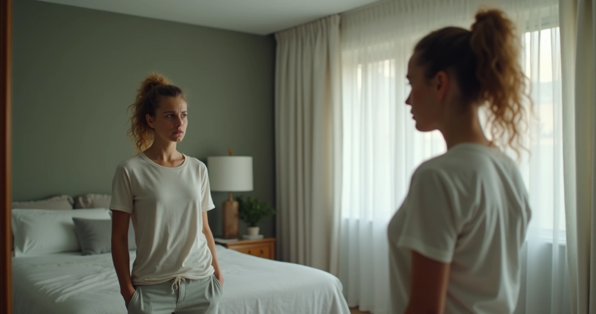 Persona mirando su reflejo en el espejo, expresión de duda