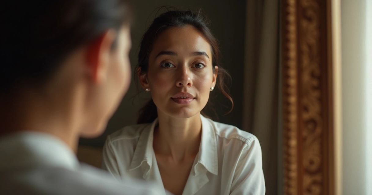 Persona frente al espejo reflexionando sobre su valor personal. 