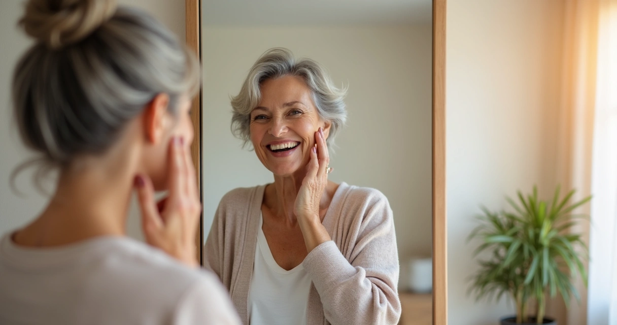 Mulher sorridente olhando para si no espelho após tratamento hormonal
