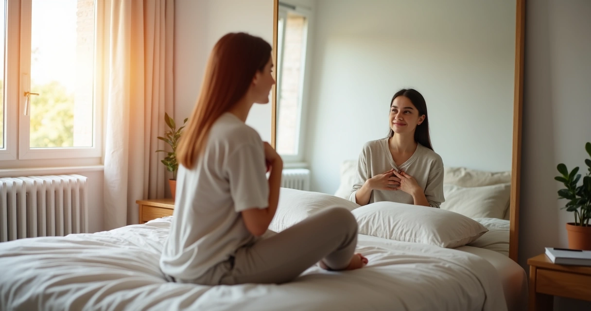 Persona adulta mirándose al espejo con expresión serena y decidida 