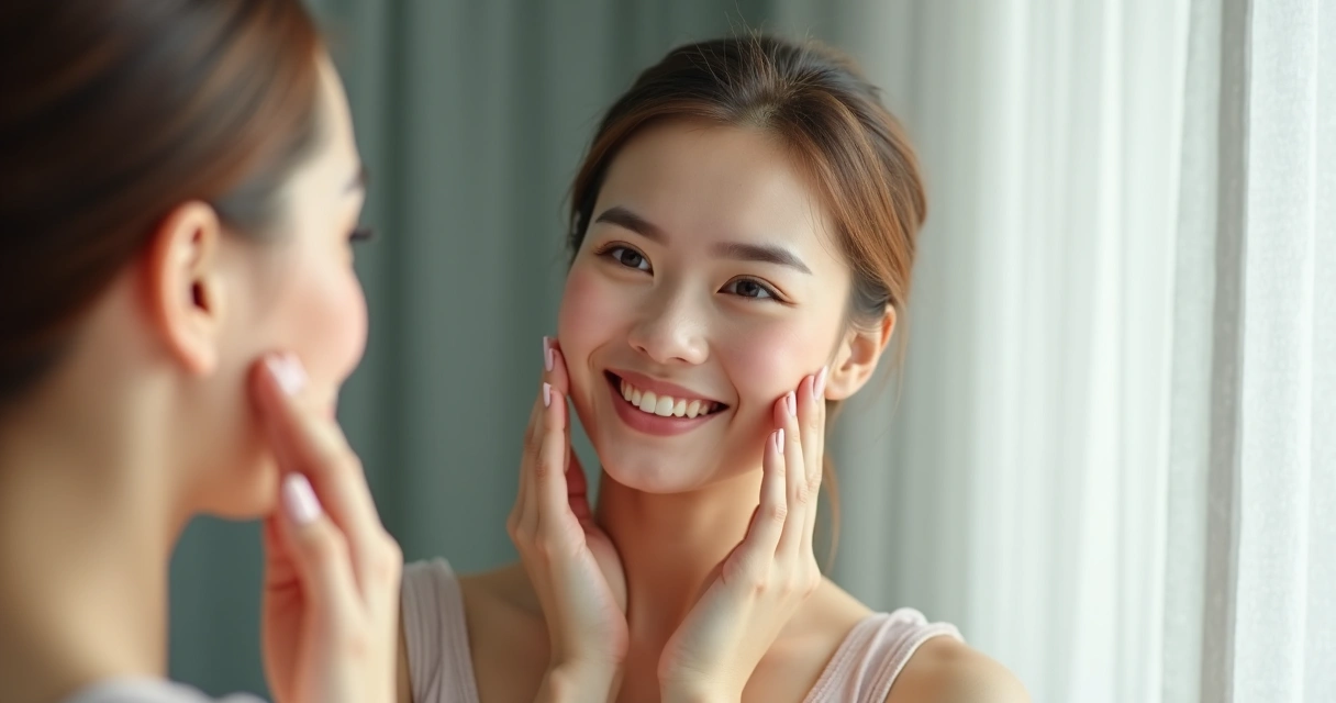 Autoestima após harmonização facial, mulher sorrindo olhando no espelho 
