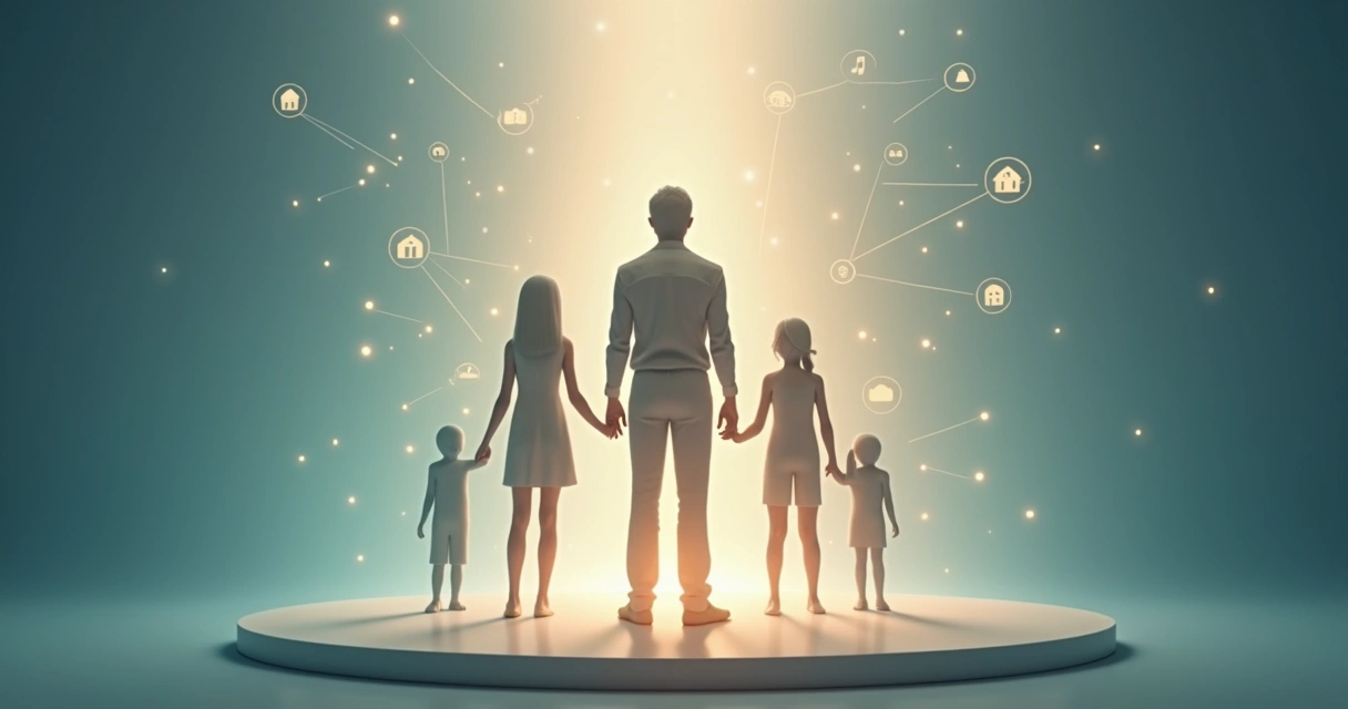 Persona de pie con siluetas conectadas por líneas luminosas alrededor 