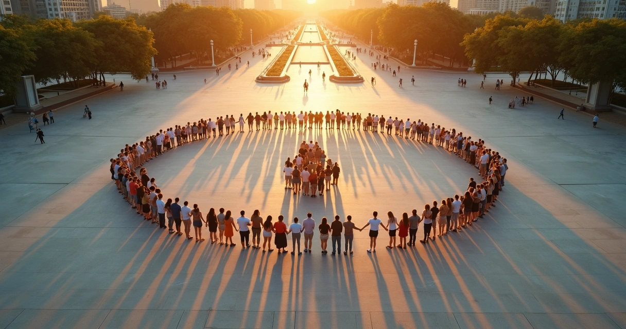 Personas conectadas formando una silueta humana sobre una ciudad al amanecer 