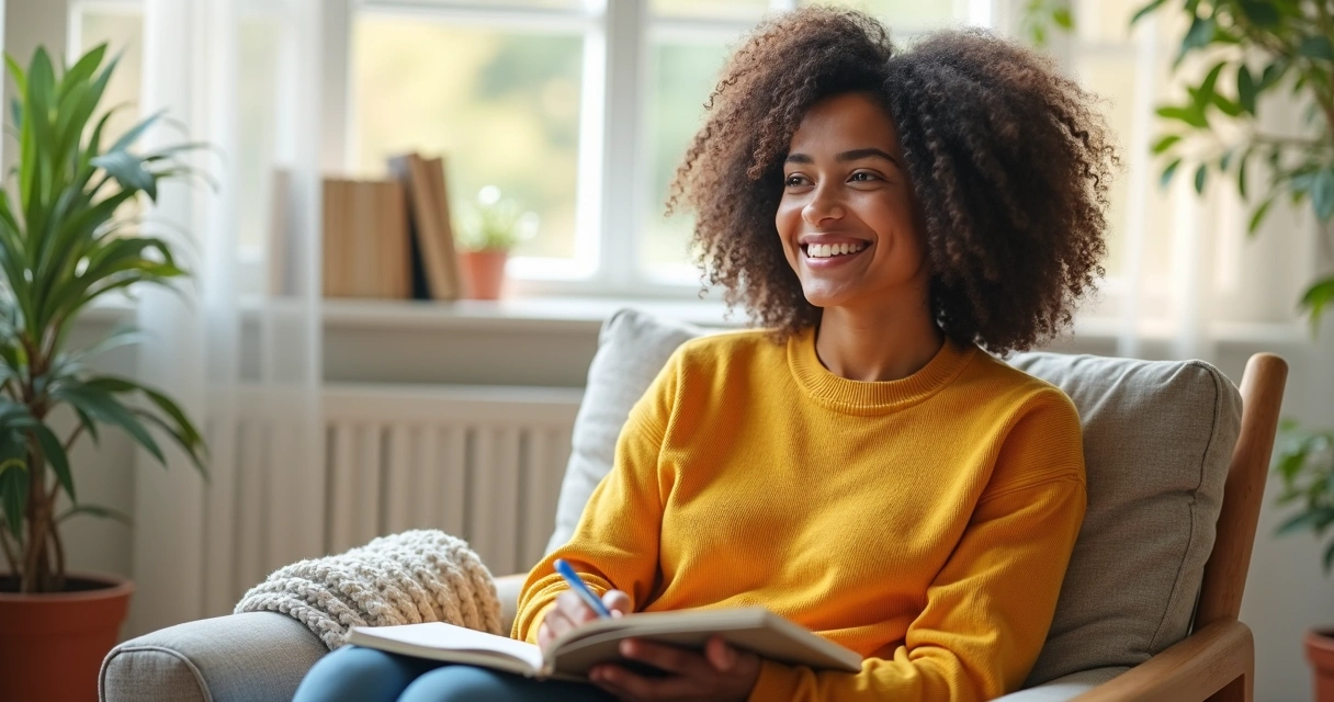 Pessoa sorrindo sentada com caderno, expressão confiante de autoestima 