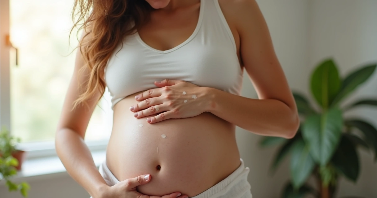 Gestante com vitiligo sorrindo e acariciando a barriga 