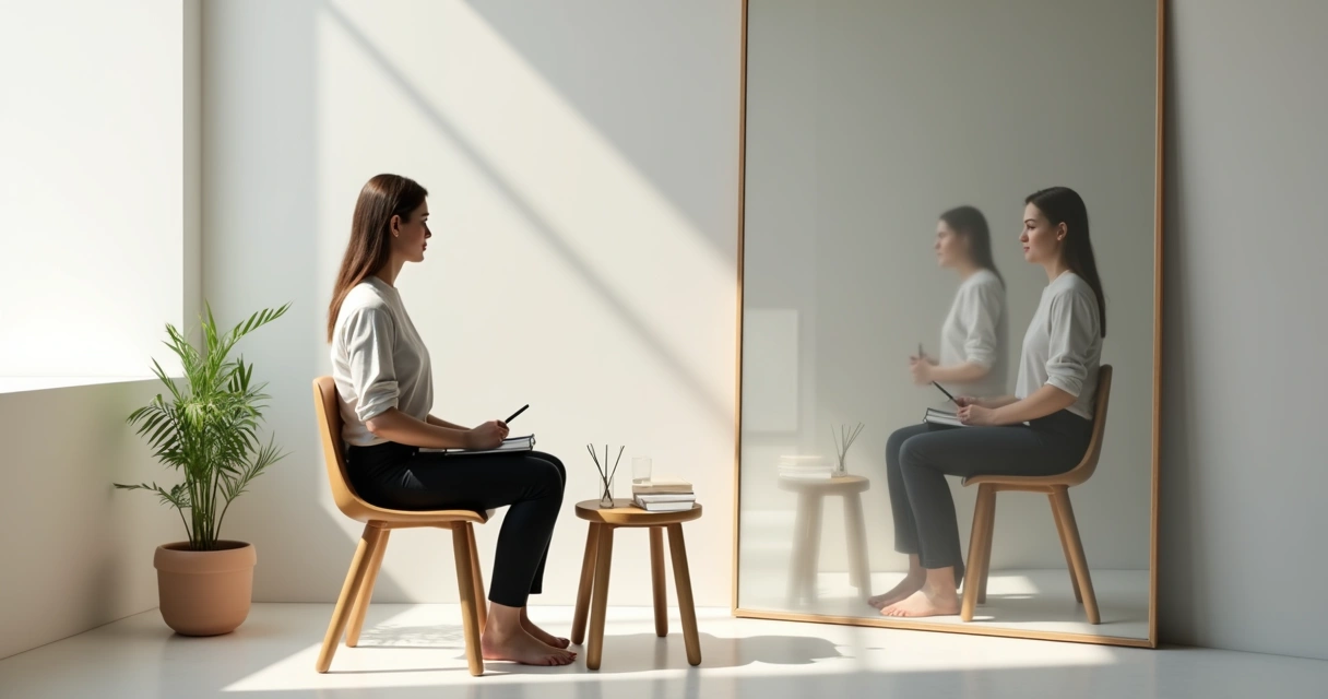 Persona reflexionando frente al espejo con versiones de sí misma representadas en el reflejo 