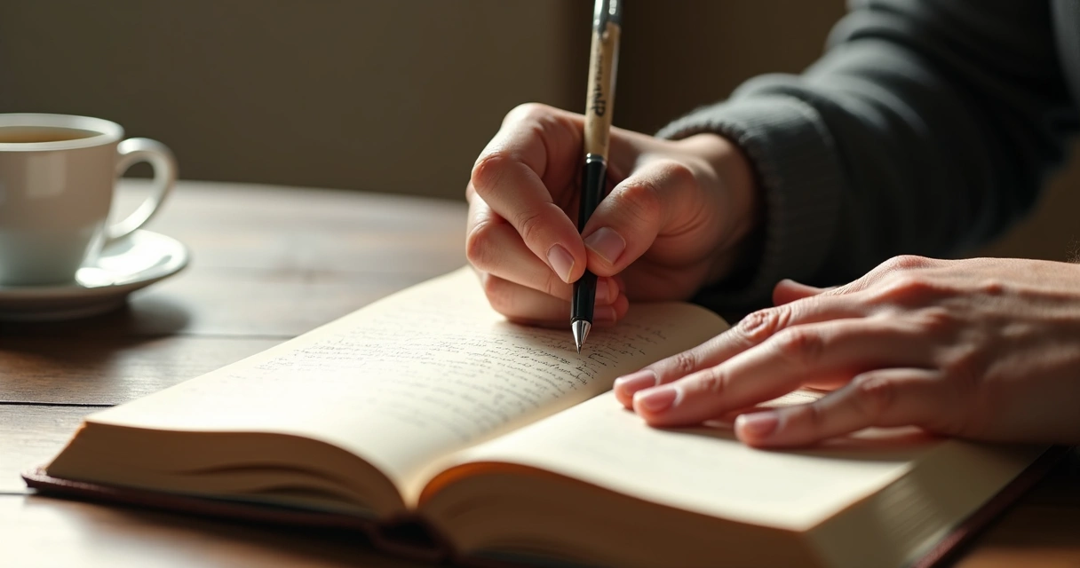 Mano escribiendo en un diario personal con bolígrafo, mesa de madera 