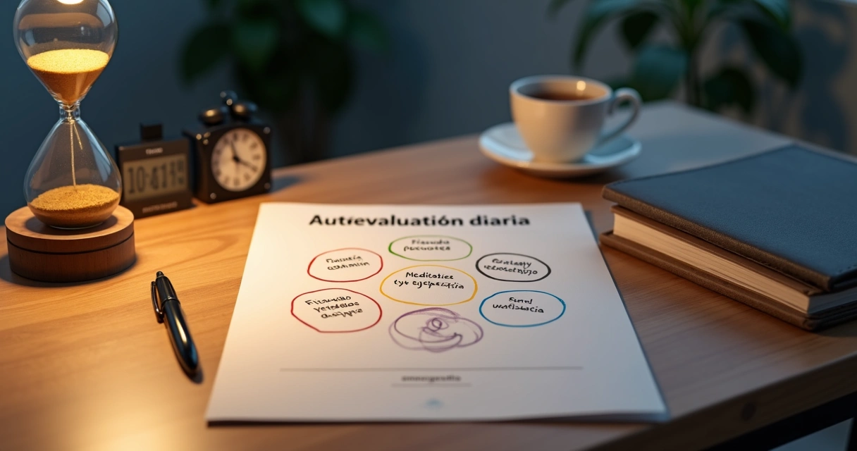 Escritorio ordenado con hoja de autoevaluación diaria y cinco círculos de colores conectados 