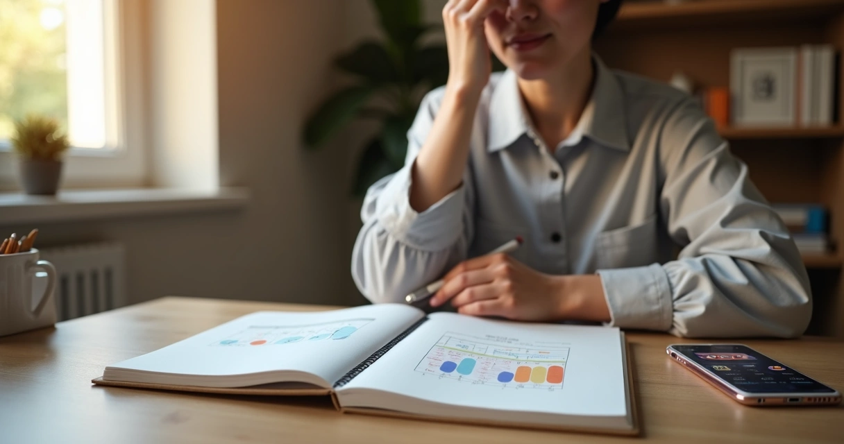 Persona revisando su autoevaluación emocional diaria frente a un diario abierto 