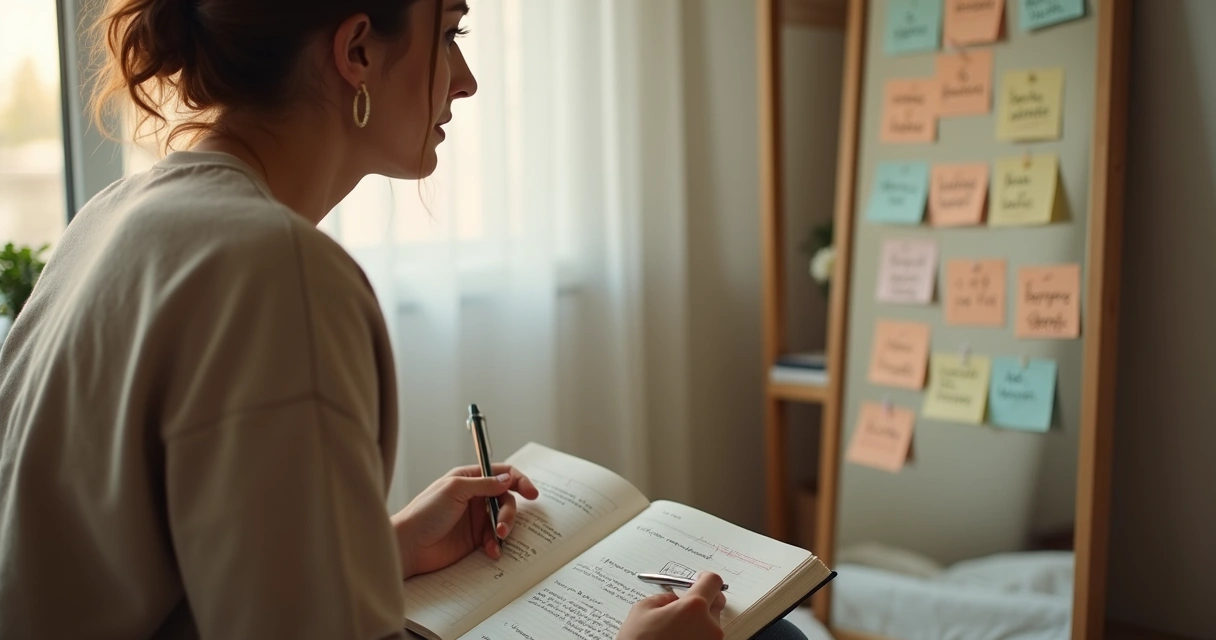 Persona reflexionando frente al espejo con notas sobre emociones 
