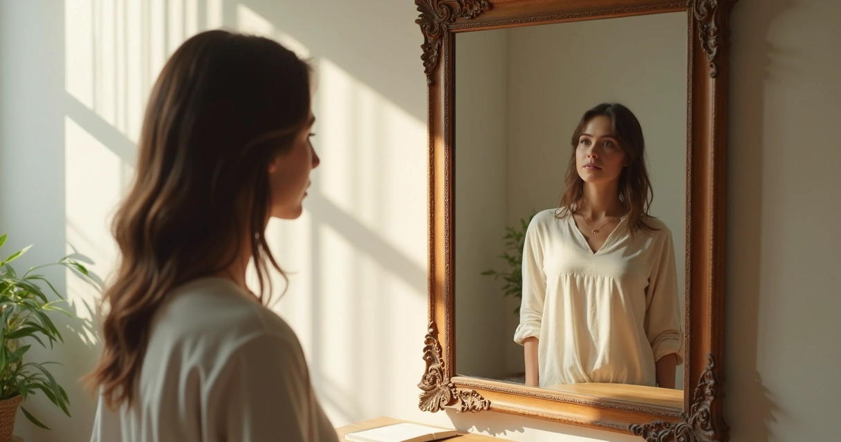 Persona mirando su reflejo en un espejo clásico de madera, expresión reflexiva
