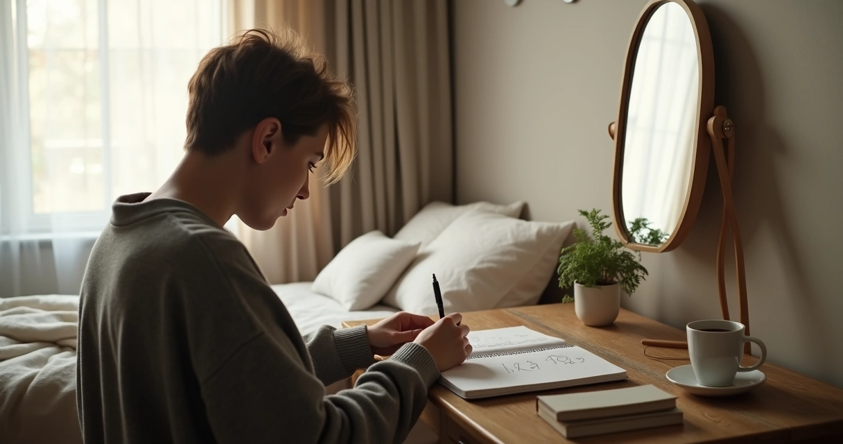 Persona haciendo autoevaluación matutina con libreta frente al espejo 