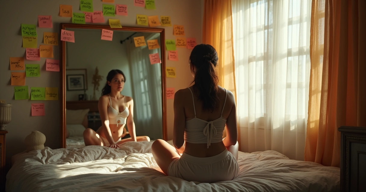 Mujer observando su reflejo en un espejo, rodeada de notas adhesivas con palabras reflexivas