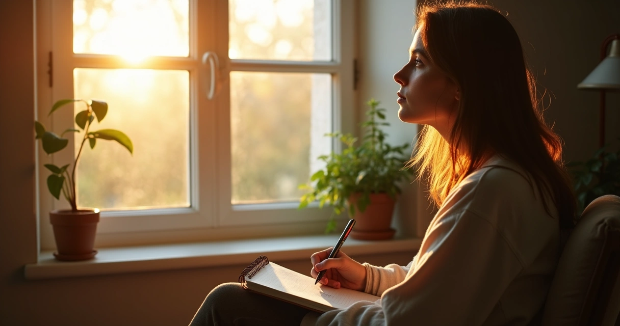 Persona reflexionando frente a una ventana con libreta en mano 