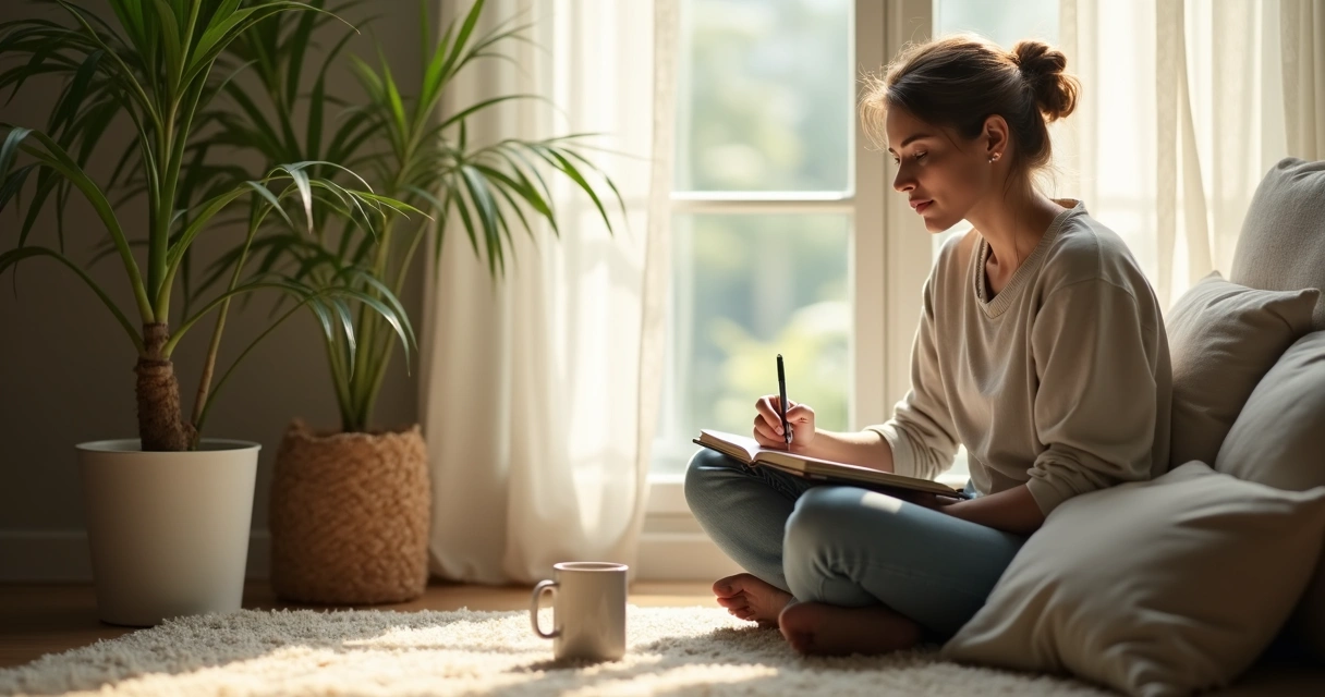 Mujer sentada en silencio reflexionando frente a una ventana con libreta y bolígrafo