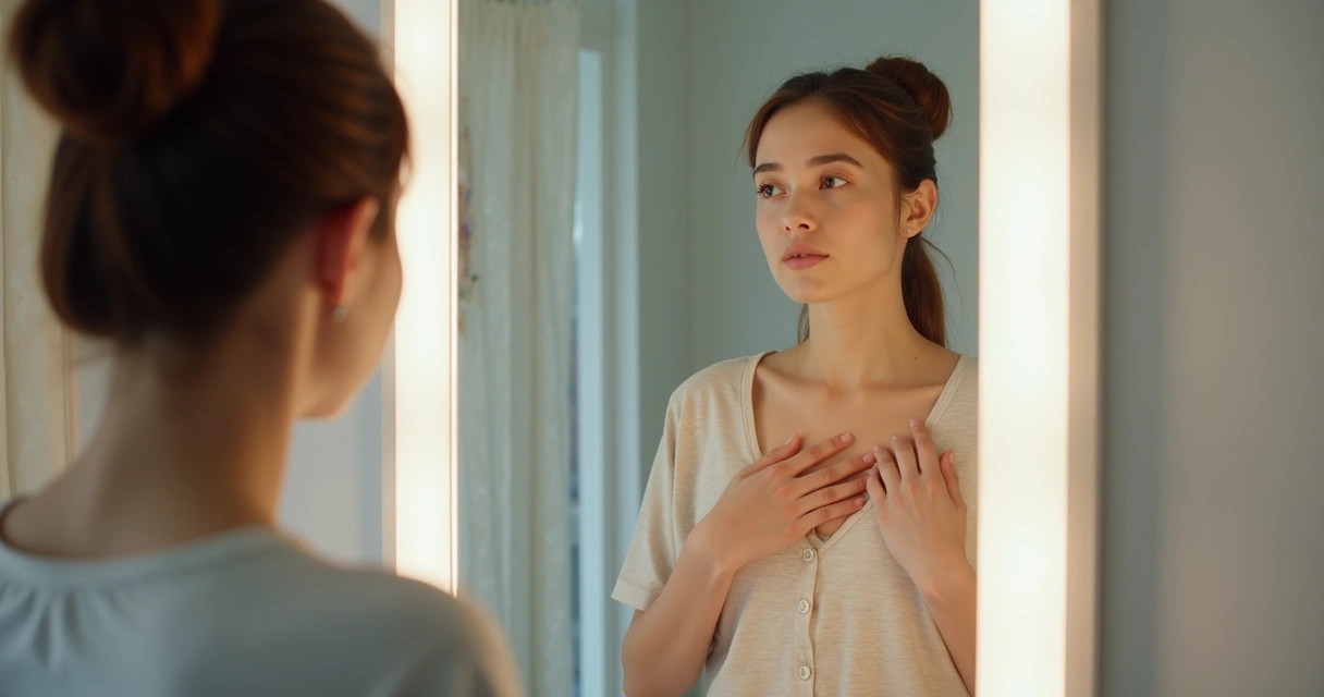 Pessoa realizando autoexame de mama em frente ao espelho. 