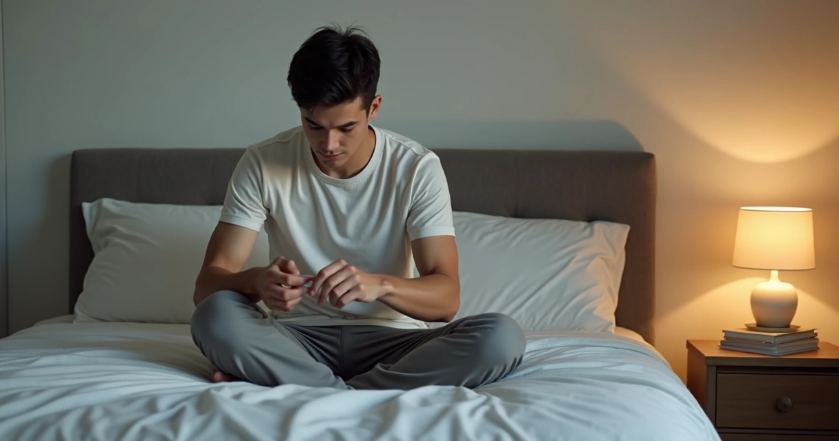 Homem jovem sentado, examinando testículo em local privado 