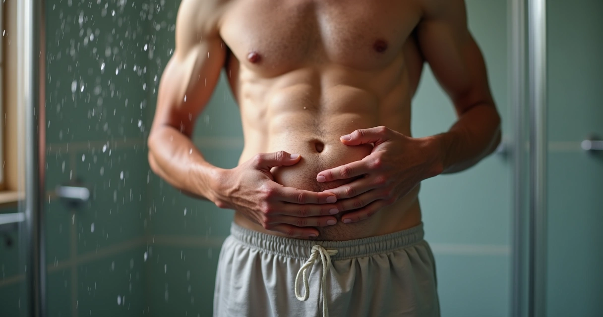 Homem adulto fazendo autoexame testicular no chuveiro 