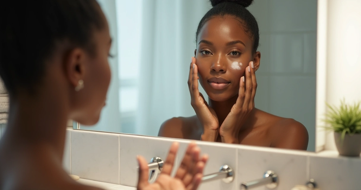 Pessoa observando manchas de vitiligo discretas no rosto e mãos diante do espelho 