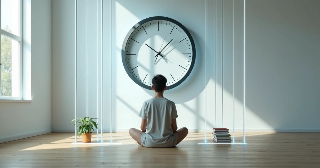 Persona mirando un gran reloj mientras se sienta dentro de una jaula formada por líneas de luz 