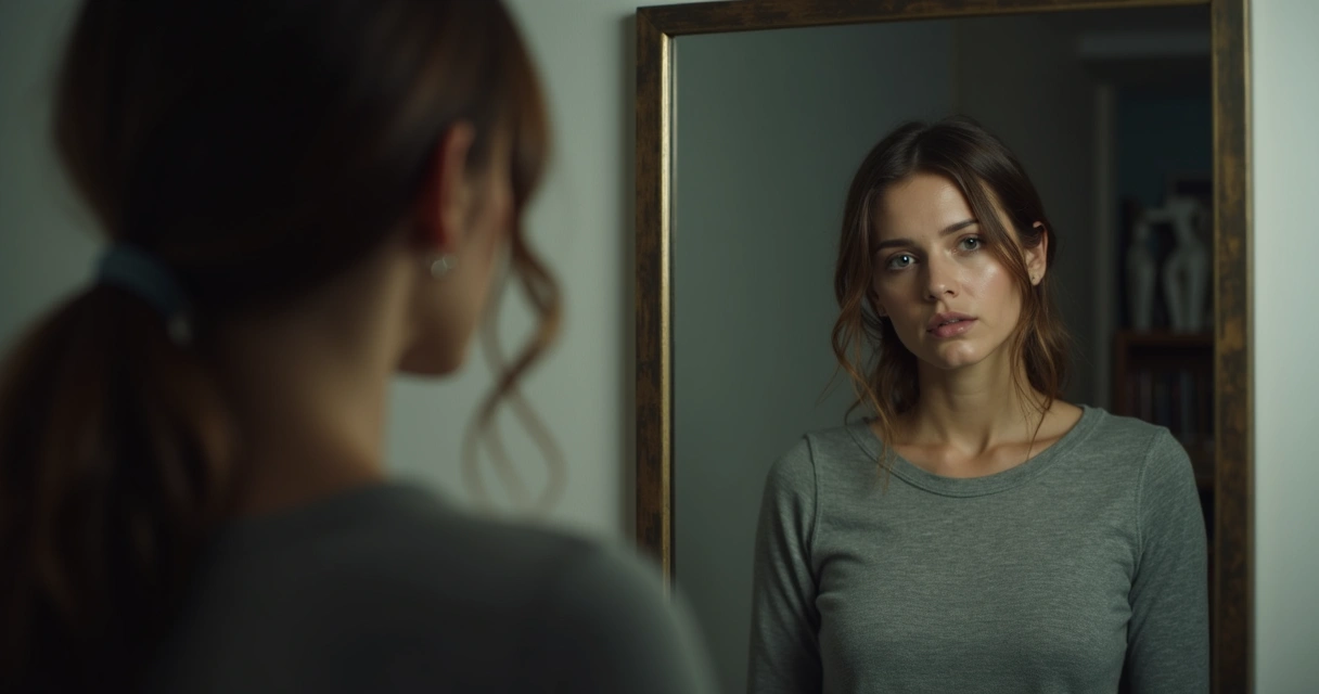 Mujer reflexionando frente a un espejo con expresión seria