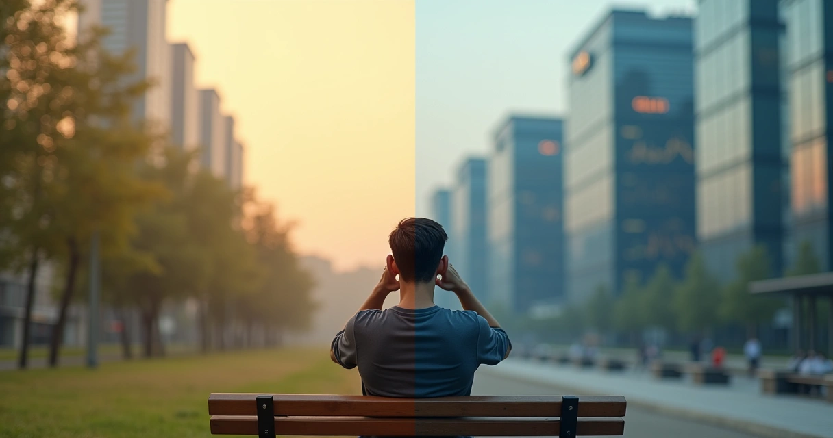Persona reflexionando frente a la ciudad dividida entre calma y presión social 