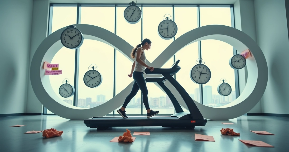 Persona caminando sobre una cinta de correr en forma de símbolo infinito rodeada de relojes 