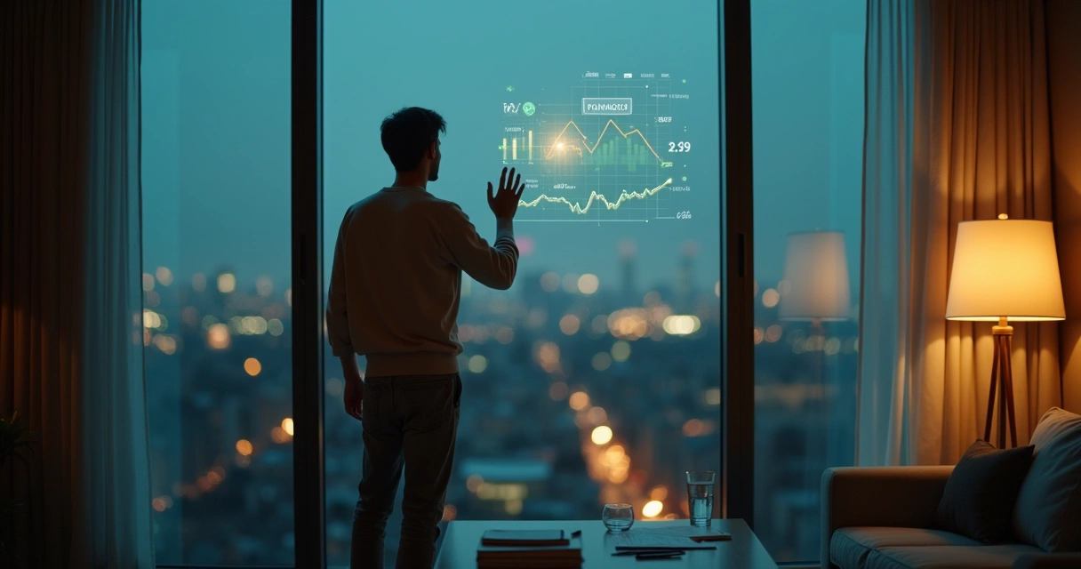 Pessoa contemplando a cidade à noite com gráficos financeiros refletidos na janela 