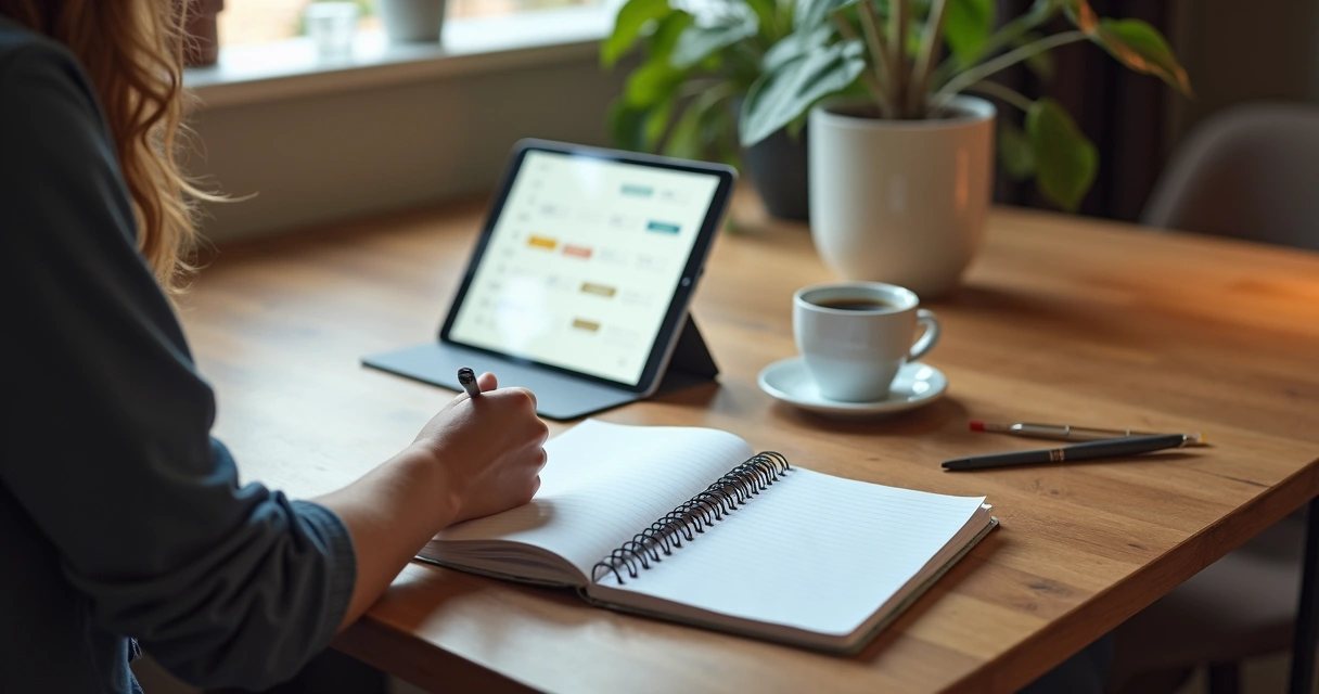 Líder organizando agenda digital e bloco de notas