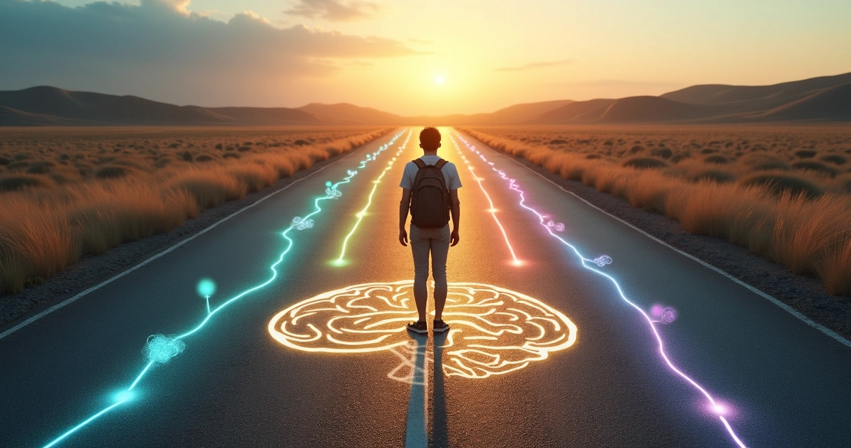 Pessoa caminhando em estrada que se divide em vários caminhos coloridos saindo de um cérebro desenhado no chão 