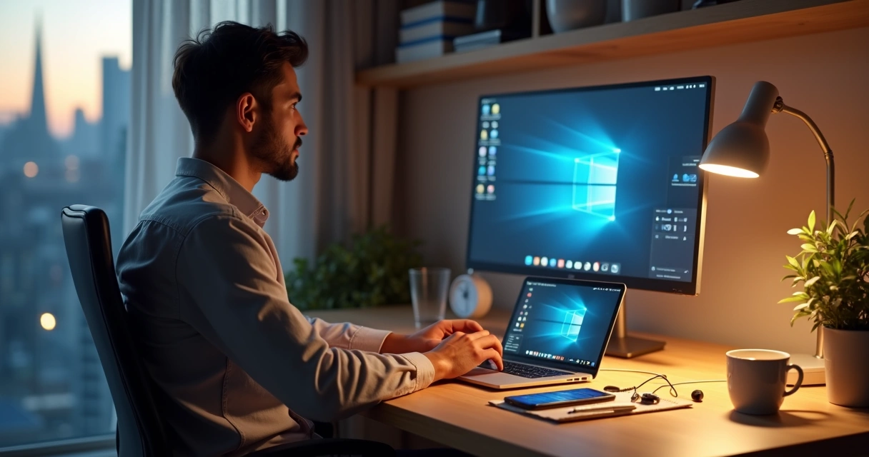 Pessoa em home office equilibrando uso do notebook e do celular com foco e calma 