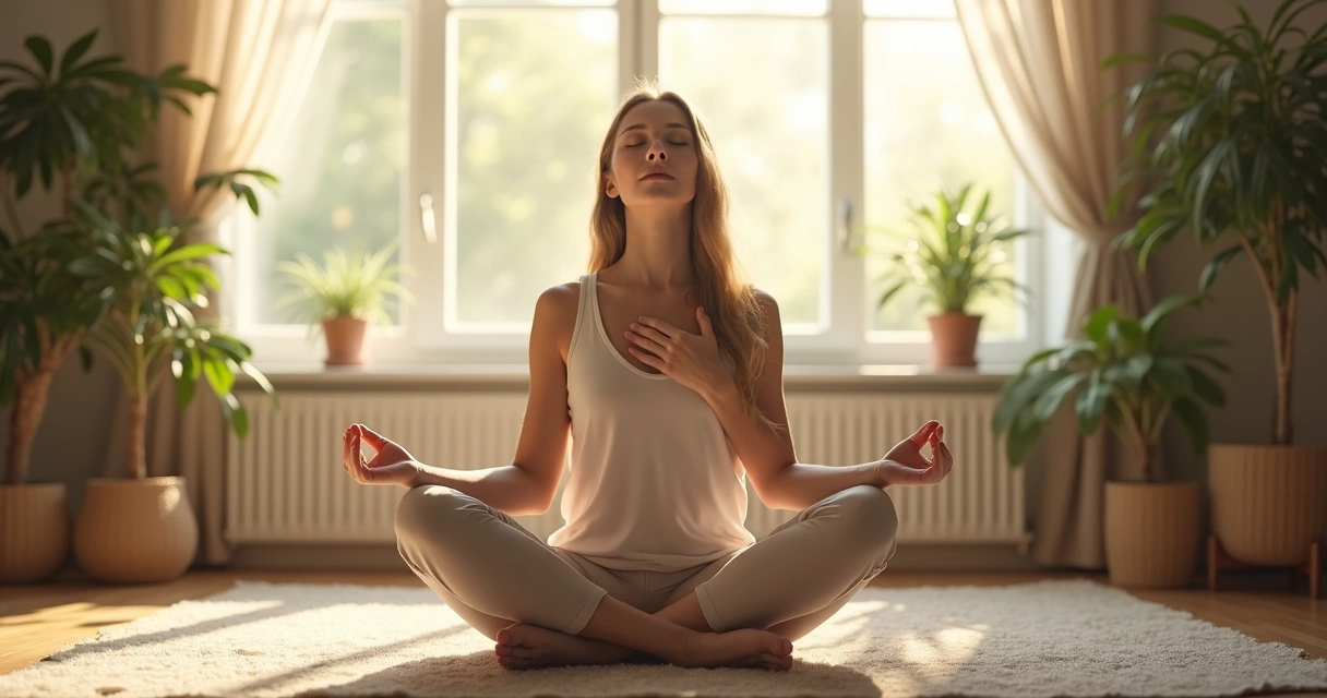 Pessoa sentada em ambiente tranquilo, praticando respiração consciente, olhos fechados